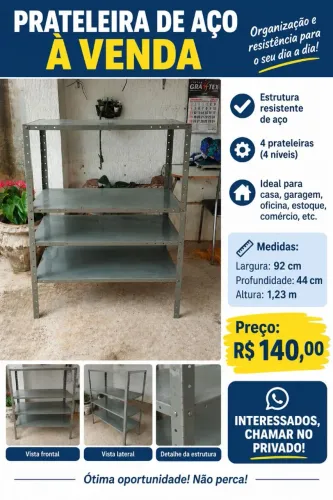 Estante de aço super resistente com 4 prateleiras.