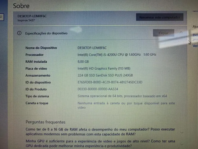 Notebook Dell Inspiron 5437 i5, 8GB RAM, SSD 240gb