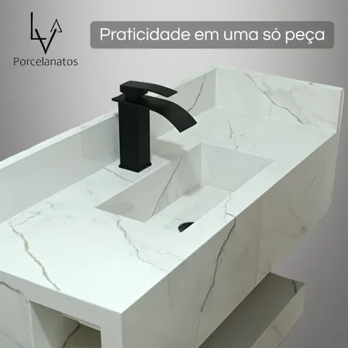 Pia com Cuba esculpida / porta papel / bancada inferior em porcelanato esculpido