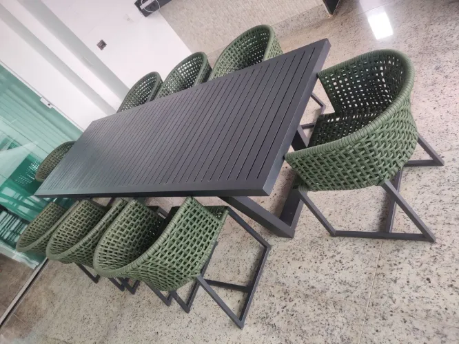 Mesa Aço na cor preta e 08 cadeiras Corda Náutica com Alma 