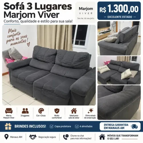 SOFÁ 3 LUGARES MARJOM CINZA RETRÁTIL E RECLINÁVEL (Brinde CAPA E ALMOFADAS) R$ 1.300
