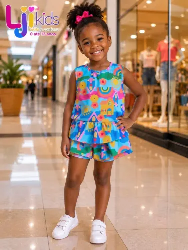 Conjunto Infantil Feminino Batinha com Babado + Short - Estampa Casinhas Colorida