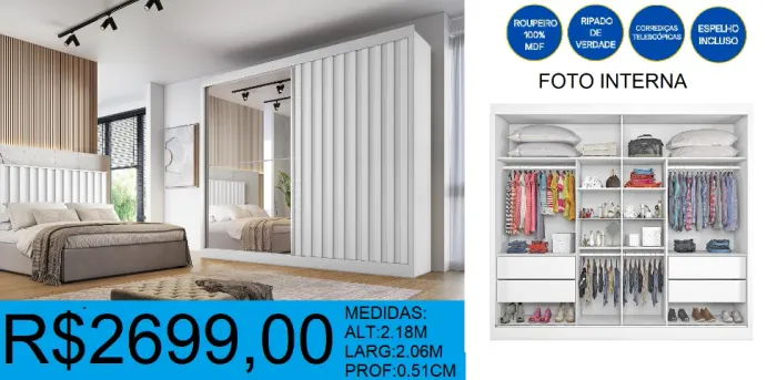 Roupeiro - com espelho - ripado - compre hoje e receba em até 72 horas 