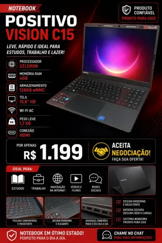 Notebook Positivo Vision C15 15,6" | 4GB RAM | 128GB eMMC