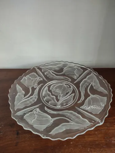 Conjunto Vintage P/ Servir Bolo - Prato Vidro Tulipas + Faca E Espátula Inox