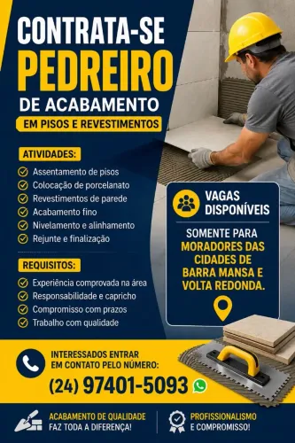 Estamos contratando pedreiro de acabamento e revestimento