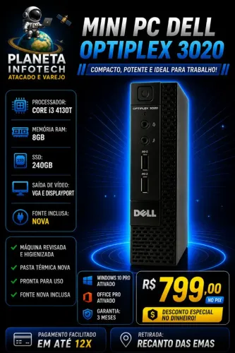 MINI PC DELL Optiplex core i3 4130T com 8gb de ram + SSD 240gb ( 3 meses de garantia )