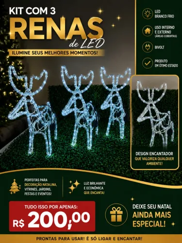 Kit 3 Renas Led Branco Frio