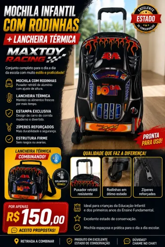 Mochila Infantil com Rodinhas + Lancheira MaxToy Racing | Excelente Estado