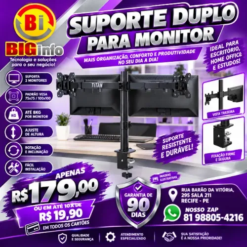 Suporte de Mesa Articulado para 2 Monitores de 13" a 32" - Em ate 10x Fixas 