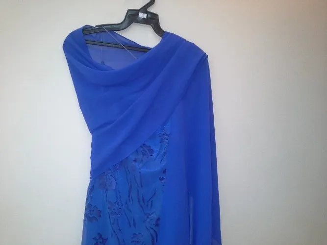 Vestido Gala Festas/Eventos Longo Azul Tamanho P Em Voal Com Desenhos Relevo