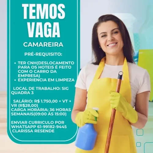 LIMPEZA EM DIA contrata Camareira(o)/Faxineira(o), local SIG