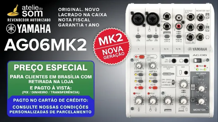 Yamaha AG06MK2 Branca Mesa de Som interface USB 6 canais Live Streaming, Musica, Podcasts
