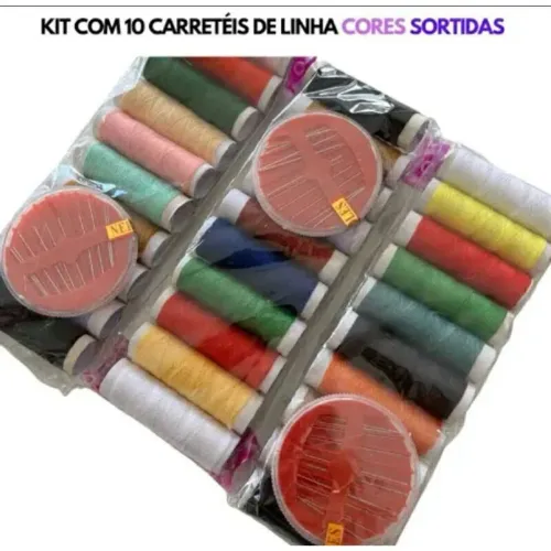 Kit 10 Rolinho de linha + 10 Agulhas para custura com cores sortidos
