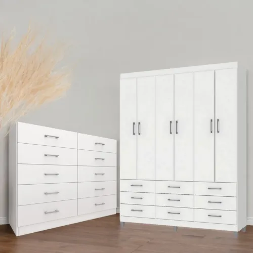 Guarda-Roupa 6 Portas Paraty 3690 + Cômoda 10 Gavetas Caribe Branco