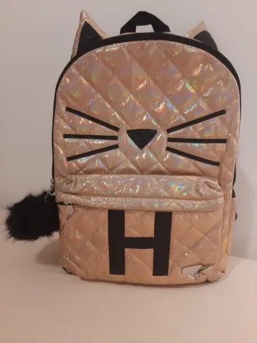 Mochila Escolar Justice Gato com Letra "H" - Dourado Rosé e Detalhes Exclusivos! Nova