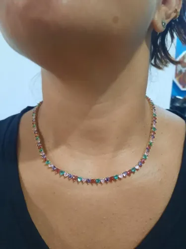 Colar Riviera Coração colorido no banho de ouro 18k 41CM 4MM