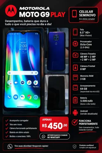 Motorola Moto G9 Play 64GB Azul - Funcionando Perfeitamente