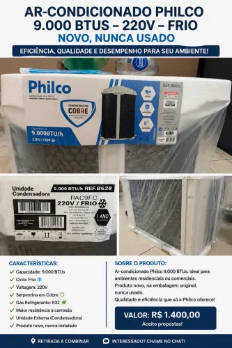 AR-CONDICIONADO PHILCO 9.000 BTUs - NOVO, NUNCA USADO