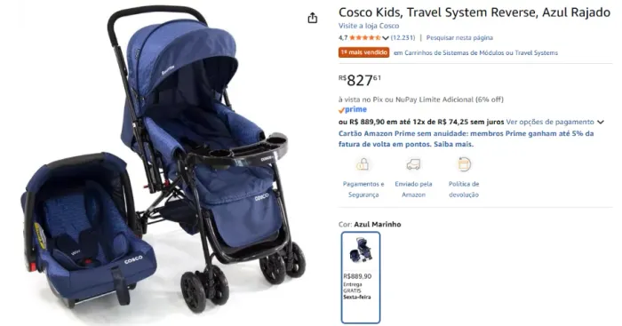 Carrinho - Cosco Kids, Travel System Reverse, Azul Rajado