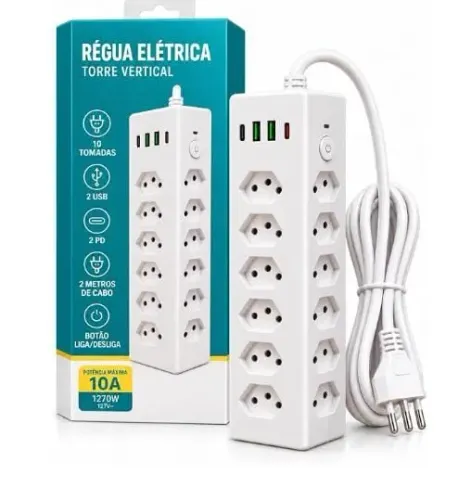 Extensão Elétrica 10 Tomadas, 2 USB e 2 USB-C, 2 Metros de Cabo