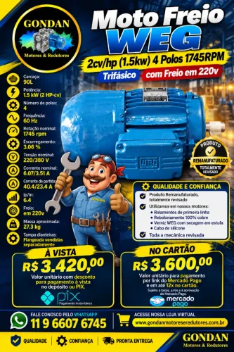 Motor Freio WEG 2.0 cv/hp 1.5kw 4polos 1720rpm trifásico 220v / 380v com freio em 220v
