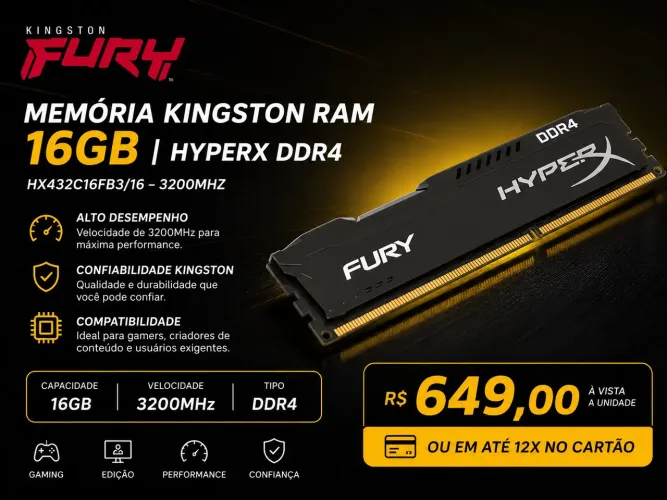 Memória Kingston HyperX Fury 16GB DDR4 3200MHz - Nova