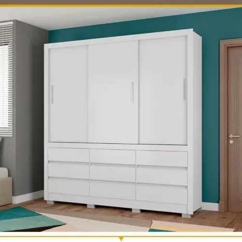 Guarda-Roupa Bartira Arezzo com 3 Portas e 9 Gavetas Externas - 207,4cm de largura - Branc