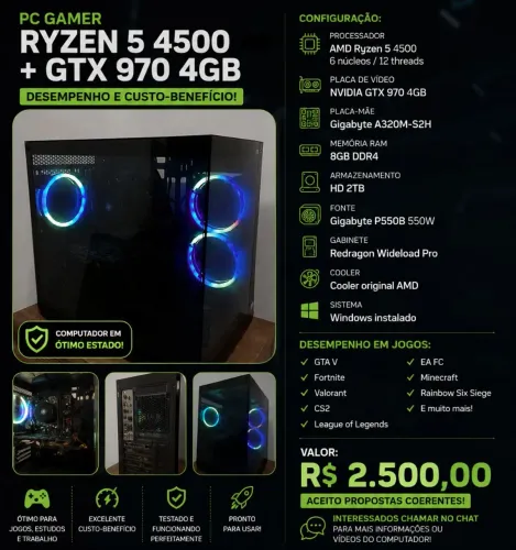 ? PC Gamer Ryzen 5 4500 + GTX 970 4GB | Pronto para uso
