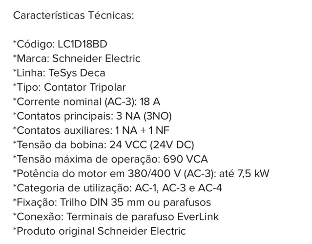 Contator Schneider Electric LC1D18BD