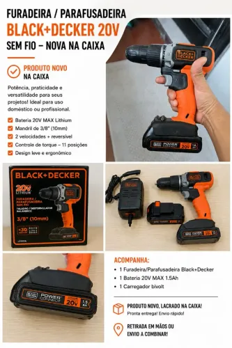 : Furadeira/Parafusadeira Black+Decker 20V Sem Fio 