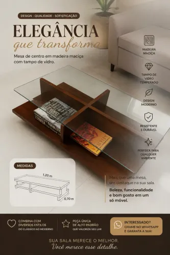 Mesa centro madeira maciça e vidro