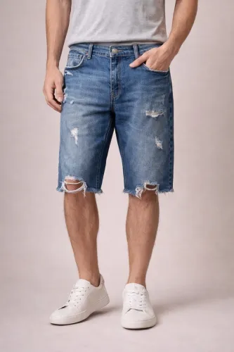 Bermuda Jeans Le Lis Denim Destroyed Azul Tam 46 Barra Desfiada
