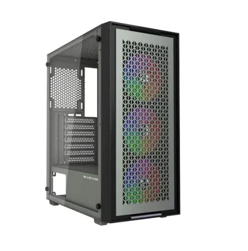 GABINETE GAMER BLUECASE MID TOWER X-FRAME SE CINZA E PRETO COM 3 FANS ARGB