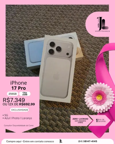 IPHONE 17 PRO, 5G, 256GB, CHIP ESIM, LACRADO, EXCLUSIVO!