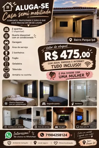 Casa com um quarto disponível para dividir aluguel com uma mulher