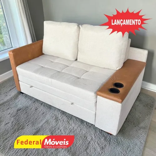 Sofá Cama com Porta Copos e Baú no Braço Linho 1,54m - Super Oferta
