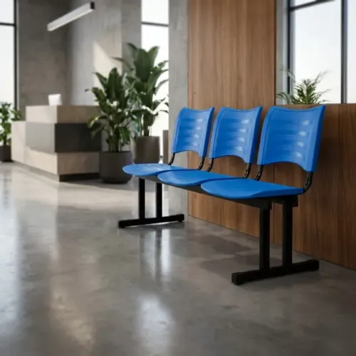 Cadeira Longarina Plástica 3 Lugares Azul Resistência Conforto Durável Modelo 34201