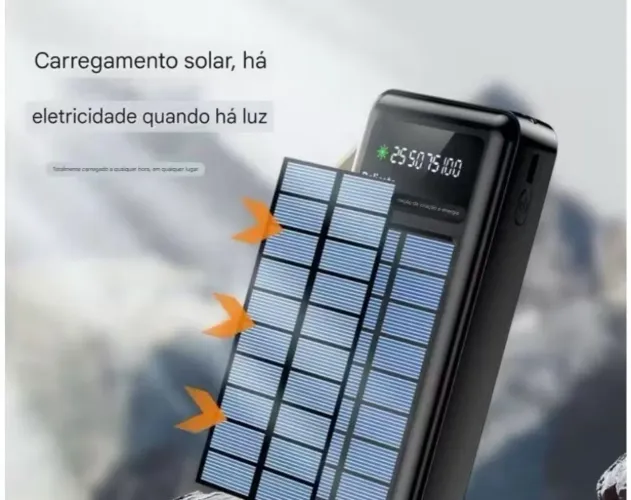 Carregador Portátil Solar 20000mAh Power Bank com Cabos Embutido