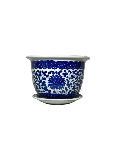 Cachepot em Porcelana Azul e Branco Flores Do Paraíso Pequeno D17CM X A13cm