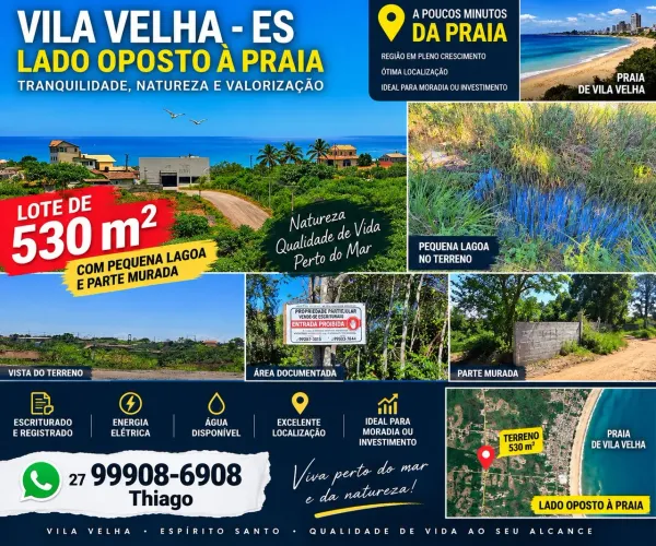 Lote 530m², Vila Velha, lado oposto à praia, pequena lagoa e parte murada, parcelo, troco
