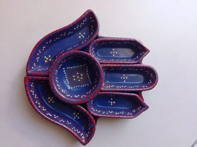 Petisqueira com Prato - Cerâmica - Tunísia - Hamsa - Pintado à mão - Azul e Vermelho