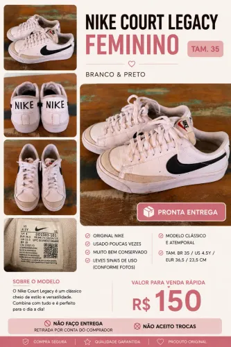 Tênis Nike Court Legacy Feminino Tam. 35 Original - R$ 150