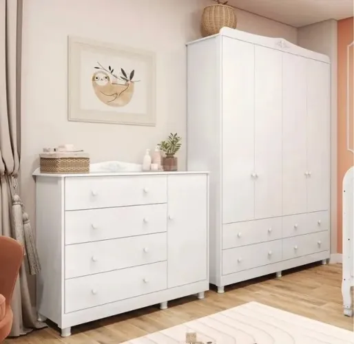 Quarto Infantil com Guarda Roupa 4 Portas e Cômoda 1 Porta 100% MDF Maya Clássico
