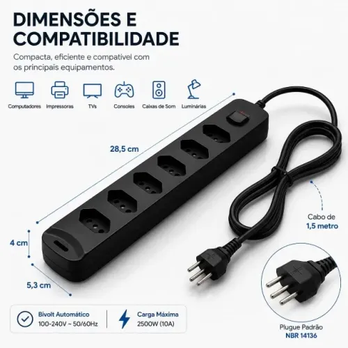 Filtro de Linha com 6 Tomadas Bivolt 10A Cabo 1 Metro com Interruptor Liga/Desliga