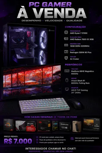 Pc gamer - Ryzen 7 5700x - amd 7600oc 8gb - 16gb ram - monitor 240hz + periféricos 