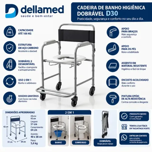 Cadeira de Banho Higiênica Dobrável Dellamed D30 até 100kg