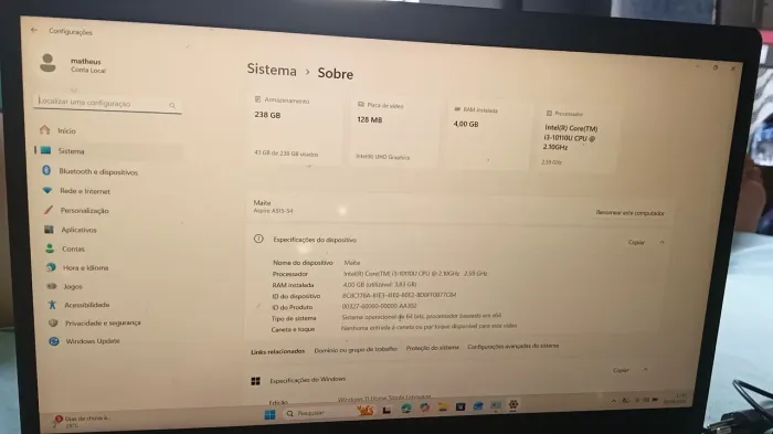 Acer Aspire 5 A515-54 | i3 10ª Geração | SSD 256GB