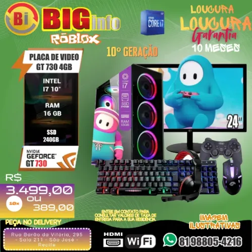 Pc Gamer Desktop Completo I7 10 Geração 5.1Ghz / 16gb Ram Ddr4 / Ssd 240Gb / Monitor 24"
