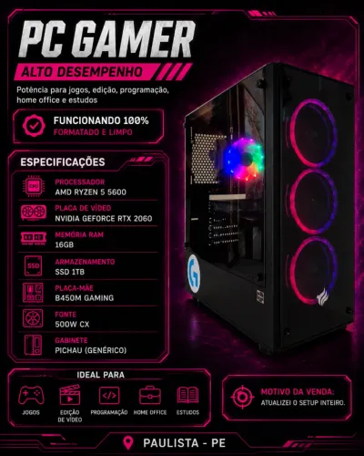 PC Gamer Ryzen 5 5600 + RTX 2060 + SSD 1TB | 16GB RAM